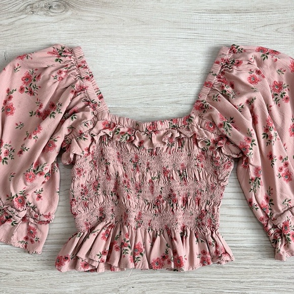 Angie Pink Floral Smocked Cropped Bell Sleeve Shirt - Picture 2 of 4